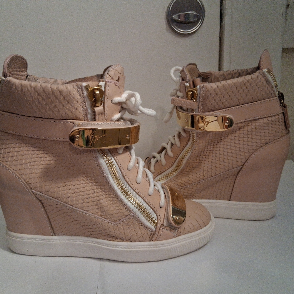 Authentic Giuseppe Zanotti Womens Sneakers Wedges High Top Zip Pink Gold  38